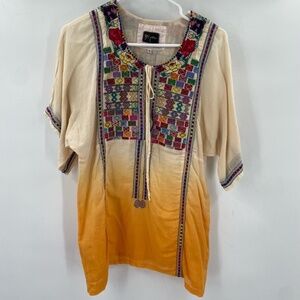 Biya Embroidered Cotton Ombre Tunic Blouse Short Sleeve Yellow Size Small